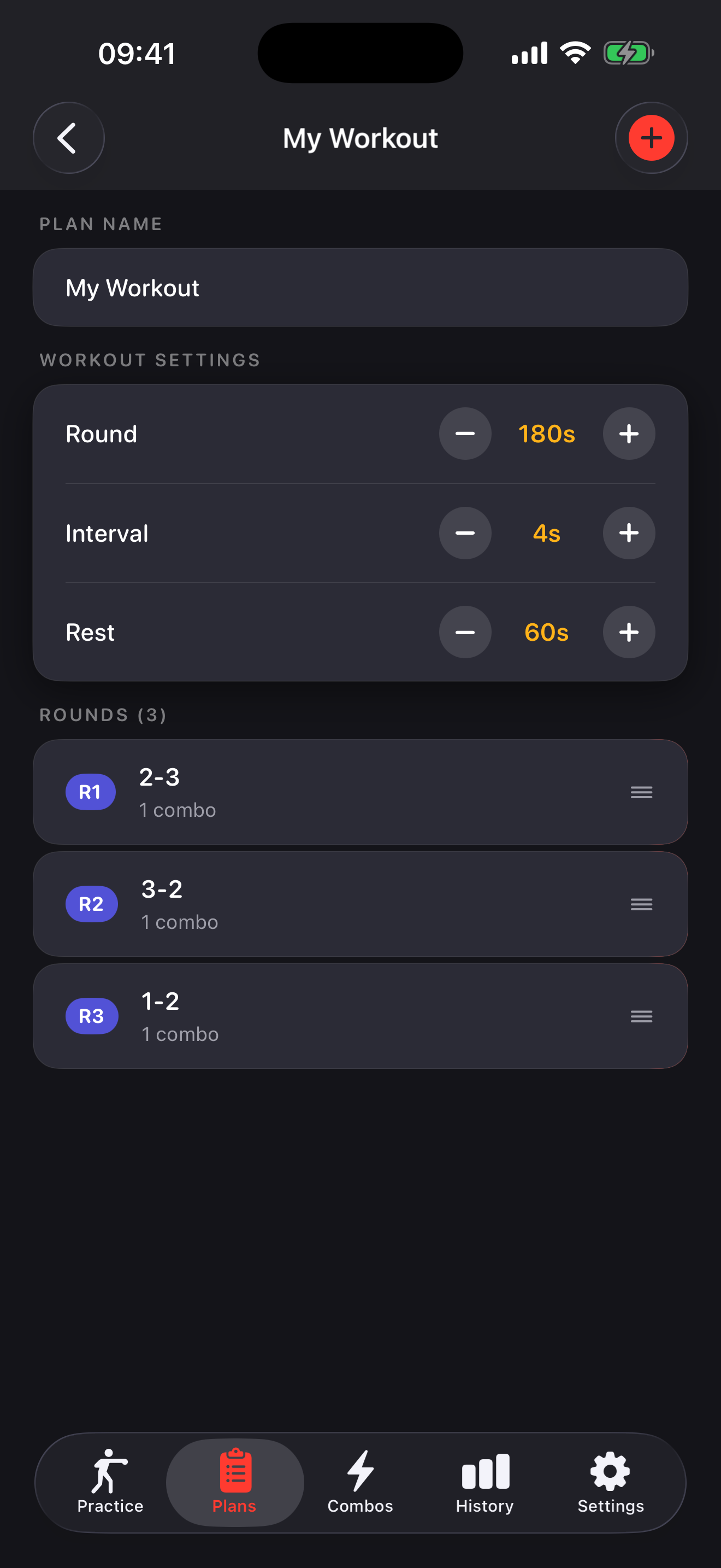 Workout plan editor with rounds and combos