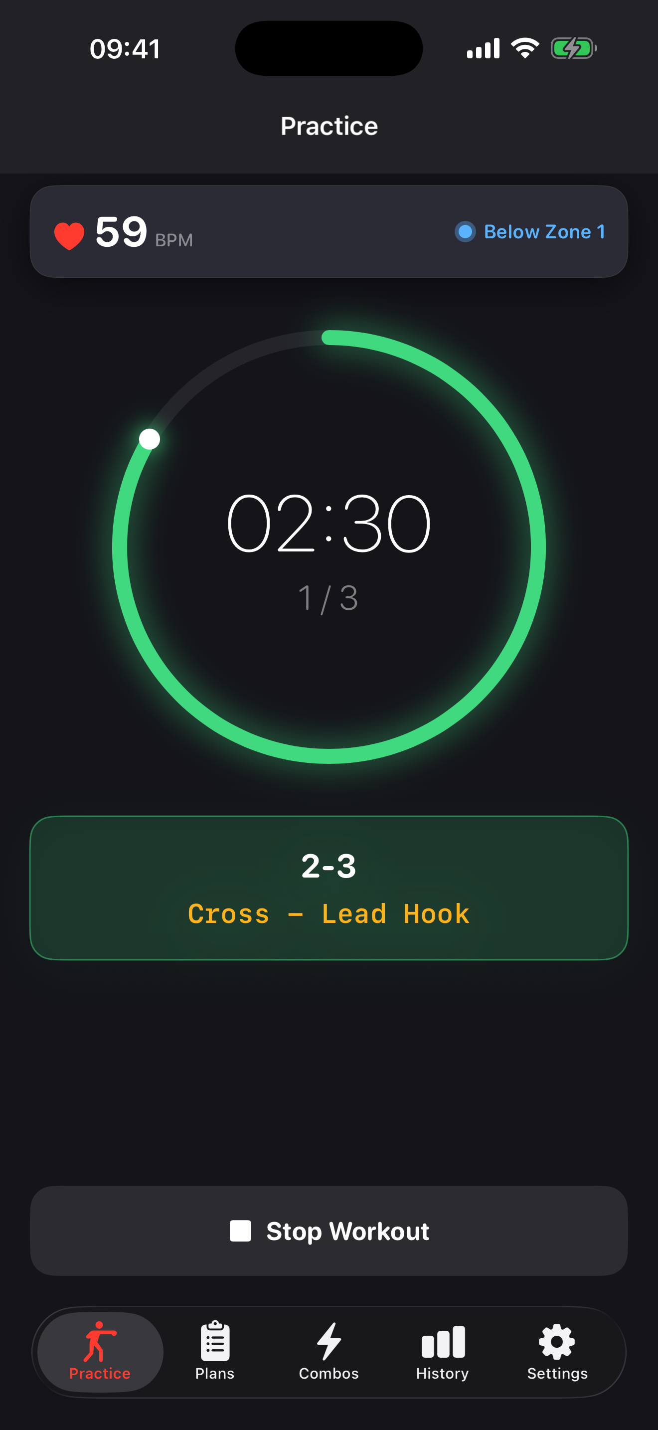 CornerMan practice screen with round timer and combo callout